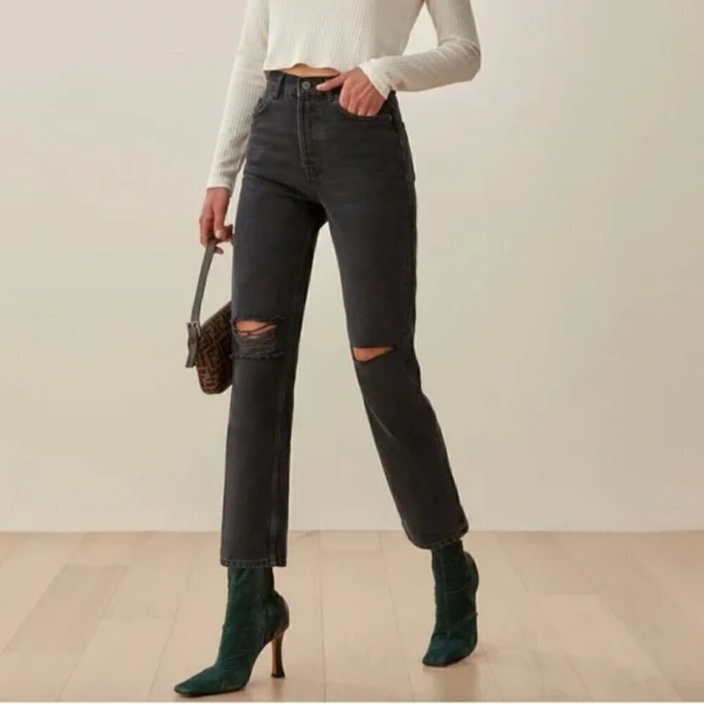 Reformation Cynthia High Rise Straight Jeans in Lagoon Destroyed